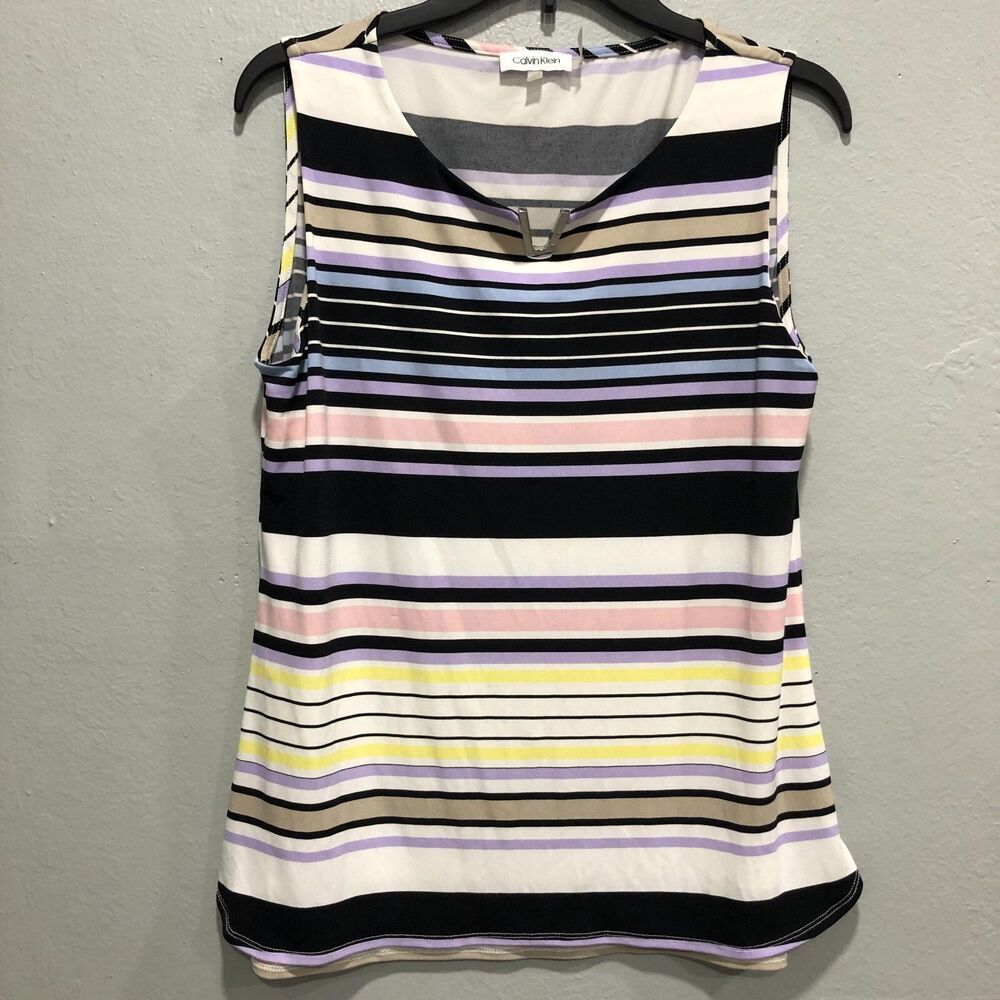 calvin klein womens top medium white blue pink m stripes pastel round neck A20